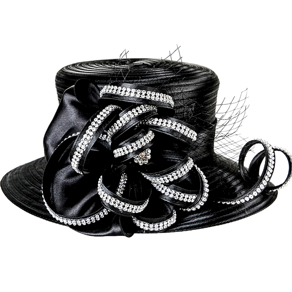 Beloved Millinery Elegant Black Hat w/ Ribbon Rhinestones Church Funeral Social